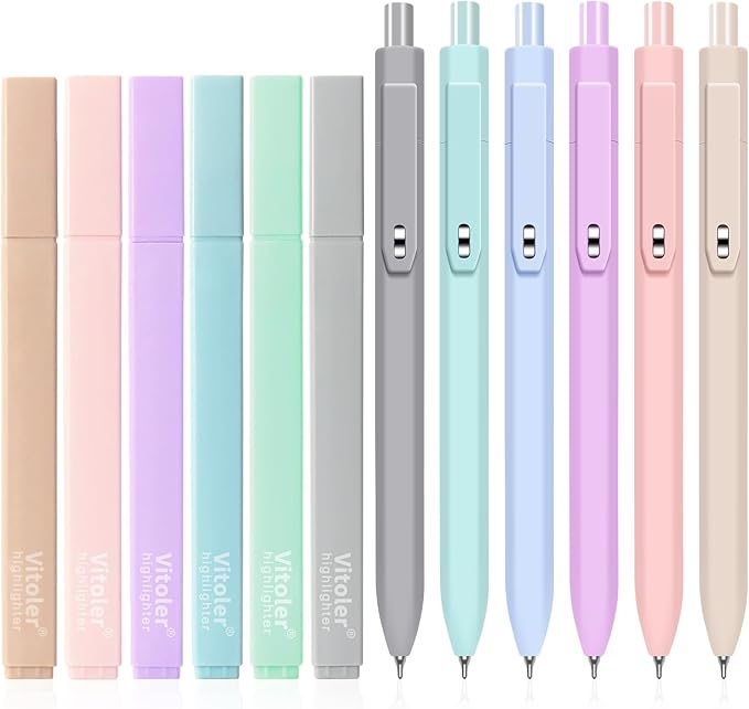 Vitoler Aesthetic Highlighters & Black Gel Pens 12 Pack,No Bleed | Fast Drying Pens for Teacher Nurse Bible Journaling Planner Mothers Day Gifts