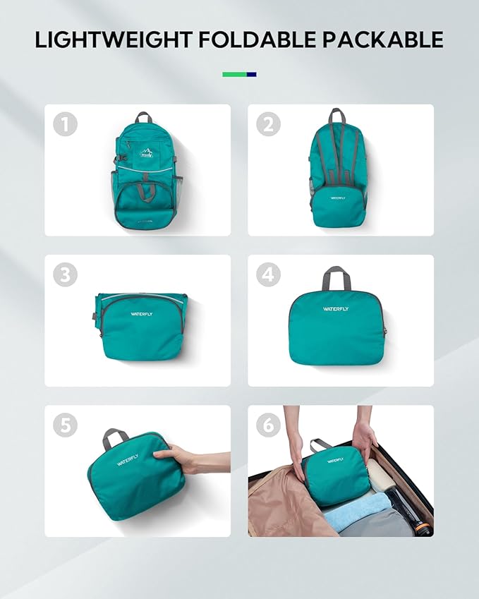 WATERFLY Hiking Packable Daypack Backpack: 25L Ultra Lightweight Day Pack for Women Men - Small Compact Folding Back Pack for Outdoor Sport Cycling Camping Travel Trip - Turquoise