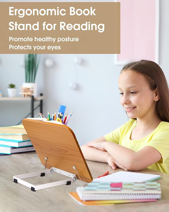 Honagu Desk Book Stand, Reading Rest Holder, Angle Adjustable for Textbooks, Documents, Cookbooks, Music Books, Tablets, Recipes (Yellow Wood)