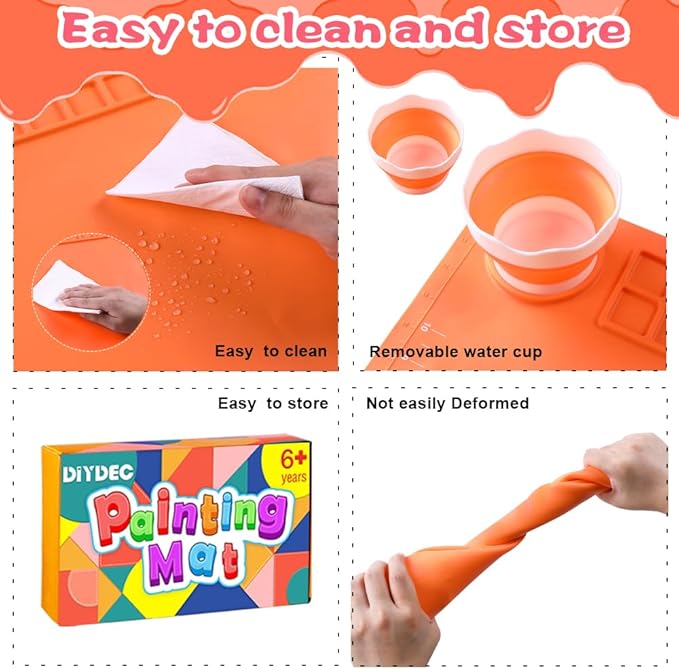 DIYDEC Silicone Craft Mat for Kids 20X16 Inch Large Painting Mat with Detachable Cup &10 Painting Brushes Silicone Art Mat for Boy Girl DIY Gift Accessories (Orange)