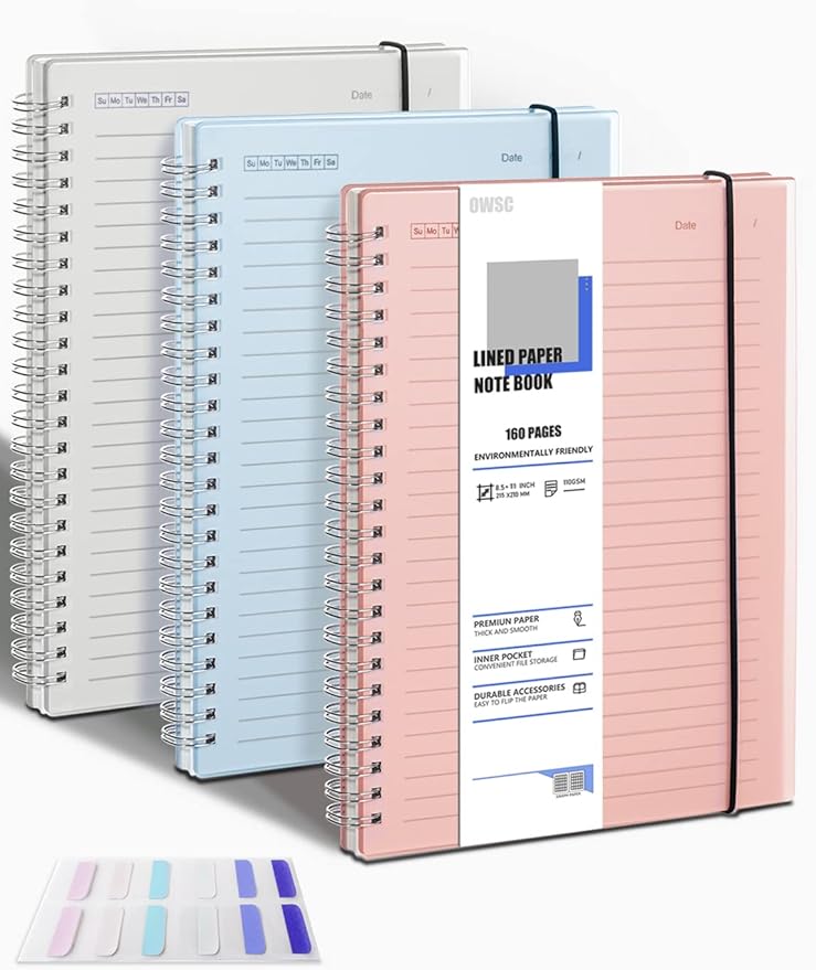 OWSC 3 Pack Ruled Notebook, 8.5 x 11 Inches Spiral Notebooks for Work, School and Journal with 110 GSM Journal Ruled Paper, Large Notebook with 80 Sheets/160 Pages, Hardcover Ruled Journal