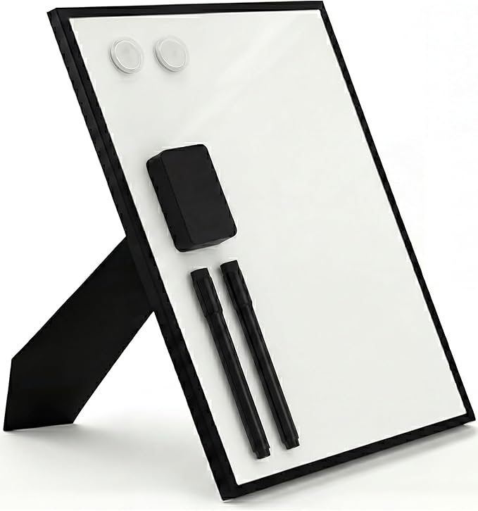 Magnetic Dry Erase Board 12x16 with Foldable Stand, Portable Black Desktop Whiteboard for Home, Office, School & Kitchen