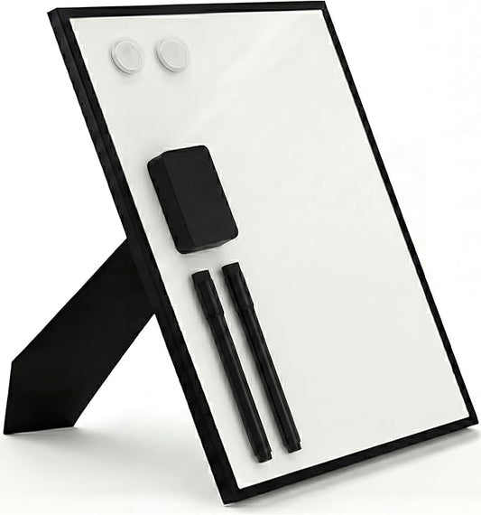 Magnetic Dry Erase Board 12x16 with Foldable Stand, Portable Black Desktop Whiteboard for Home, Office, School & Kitchen