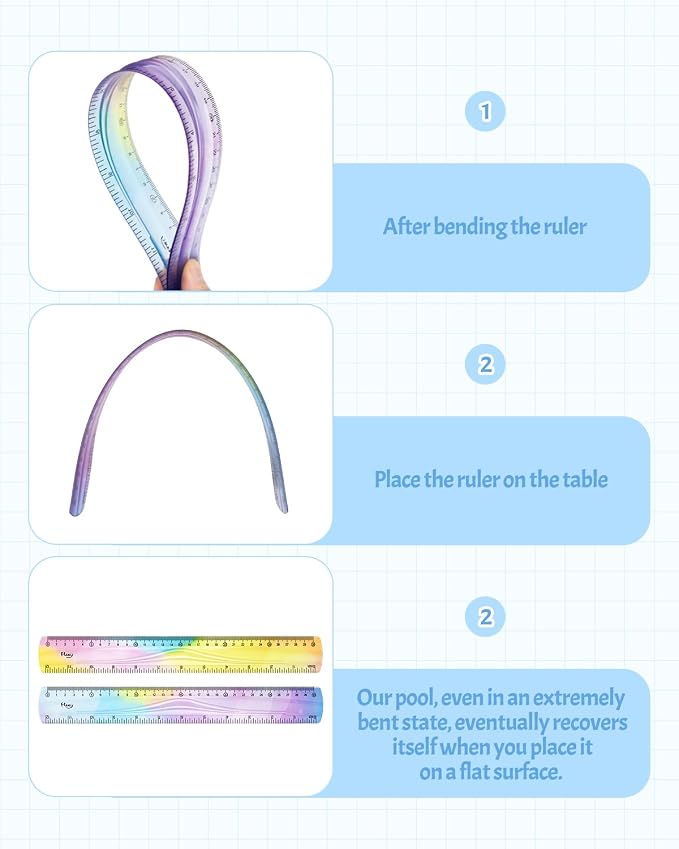 12 Inch & 6 Inch Flexible Ruler, Bendable Plastic Ruler, Soft Bendable Gradient Color Rulers with Centimeters and Inches for Student School Classroom Office Supplies