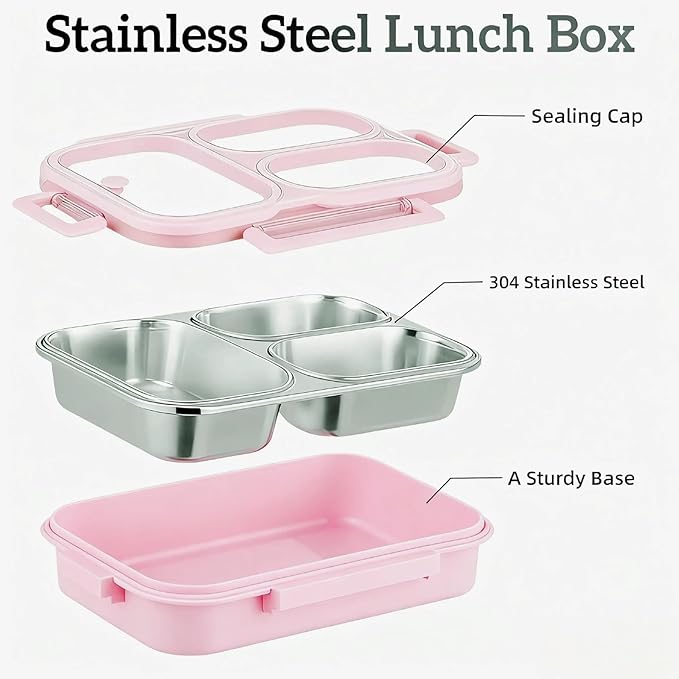 Stainless Steel Bento Box for Kids, 3-Compartment Leakproof Lunch Box, 18/8 Food-Grade Metal Lunch Container with Lid, 25oz Portable School Lunchbox for Girls, Pink