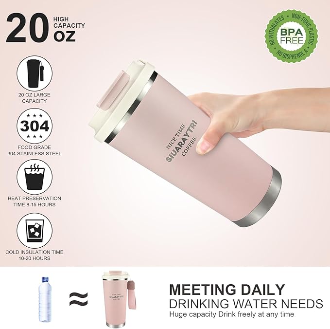 20oz Tumbler Stainless Steel Vacuum Insulated Coffee Travel Mug Reusable Iced Coffee Cup Hot Coffee Travel Mug with lid and straw Cupholder Friendly Leak-Proof BPA Free (Pink)