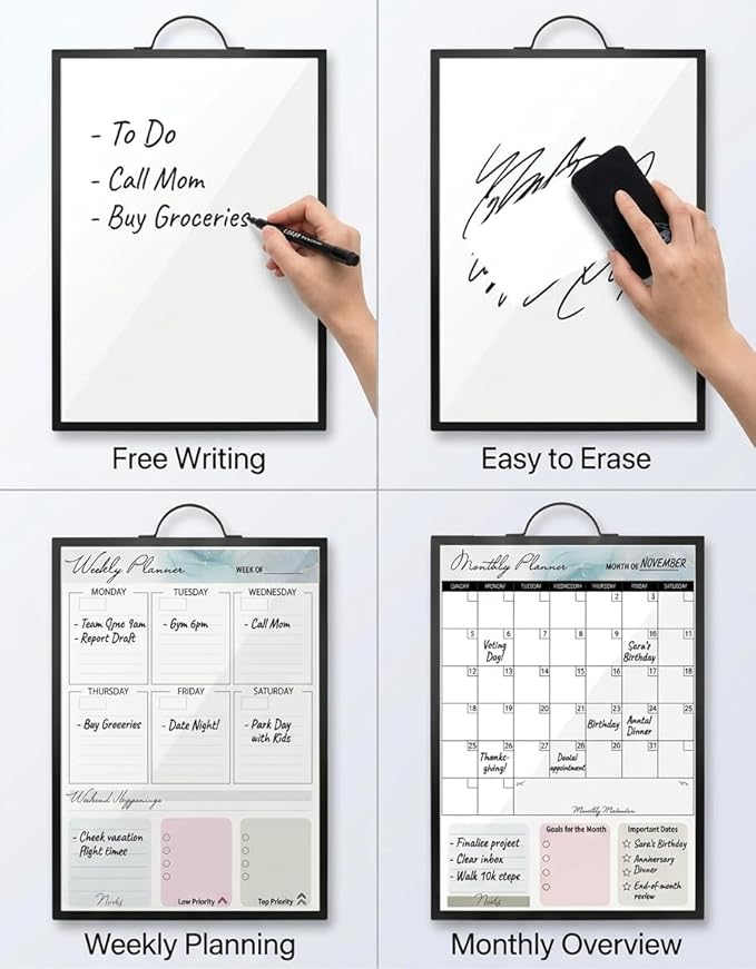 Magnetic Dry Erase Board 12x16 with Handle, Double Sided Portable Black Whiteboard for Home, Office, School & Kitchen, Includes Weekly & Monthly Magnetic Planner Sheets