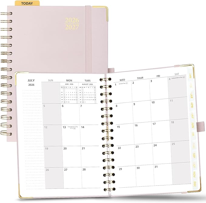 POPRUN Monthly Planner 2026-2027 Spiral Hardcover (6.25'' x 8.5''), 18 Months Calendar (Jan.2026-Jun.2027) - 2 Pages per Month with Dotted Note Pages, Sunday Start, Laminated Tab - Light Pink