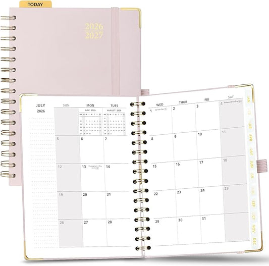 POPRUN Monthly Planner 2026-2027 Spiral Hardcover (6.25'' x 8.5''), 18 Months Calendar (Jan.2026-Jun.2027) - 2 Pages per Month with Dotted Note Pages, Sunday Start, Laminated Tab - Light Pink