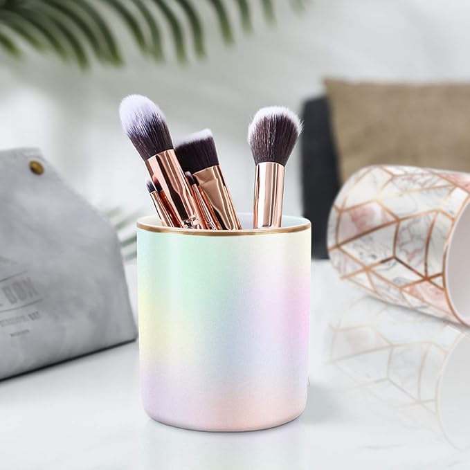Cute Pen Holder for Desk, Pencil Cup Holder Desktop Stationery Makeup Brush Organizer Decor for Teen Girls Durable Ceramic Desk Organizer for Office, Classroom, Home, Colorful