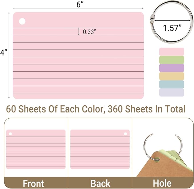 zmybcpack 6 Pack Lined Index Cards 4 x 6 Inches, 360 PCS Colored Ruled Index Flashcards Lined Flash Cards with Rings, Note Cards Punched for Study, Office and Home