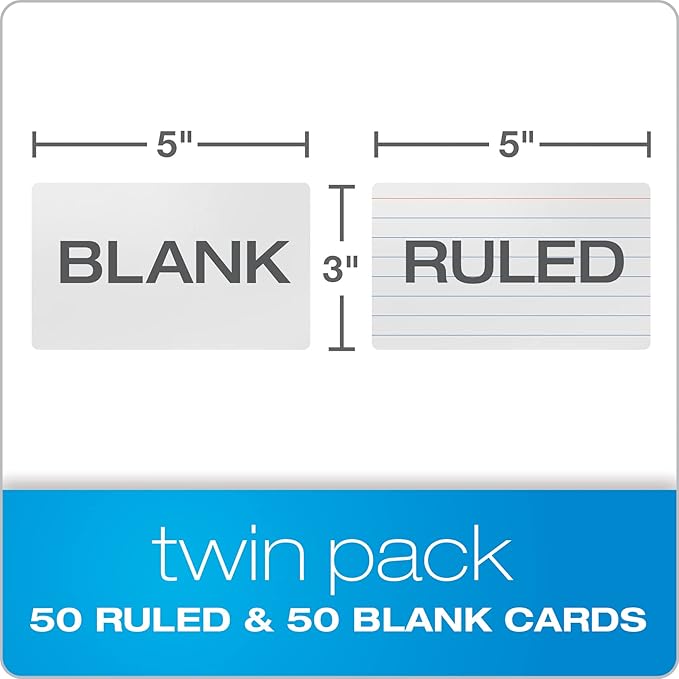 Oxford Dry Erase Index Cards, 3x5, Blank & Ruled Multipack, Reusable Flash Cards, Double Sided Dry & Wet Erase Cards for Gaming, Study, 100-Pk (63516)