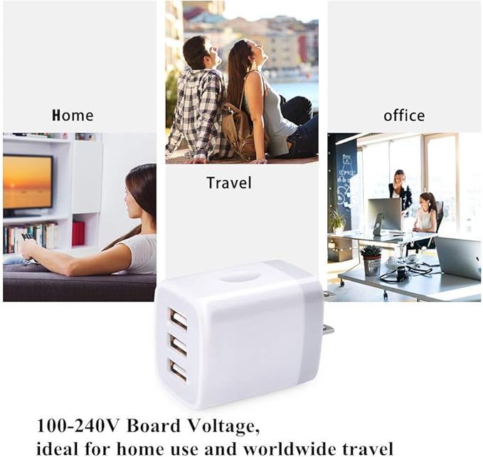 3 Port Wall Charger, 5V 3.1A USB Plugs, MultiPort Travel USB Wall Plug Home Charging Block Cube Compatible iPhone 13 12 11 Pro XS Max, Samsung Galaxy S22 S21 FE S10, Note 20 10,V35 THINQ Q7 G7