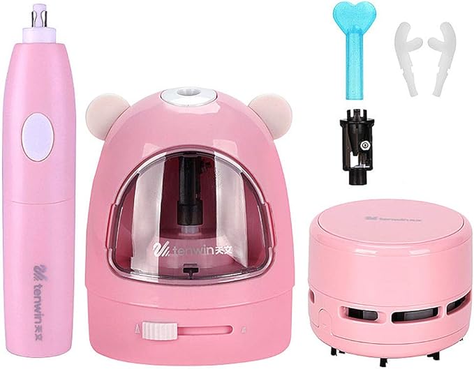 Electric Pencil Sharpener Stationery Set Gift Box Desktop Vacuum Cleaner Electric Eraser with Replacement Blade, Eraser, Battery Operated Automatic Sharpener, Pink
