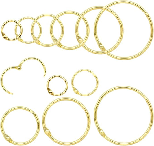 60 Pcs Binder Rings Assorted Sizes (1/2", 3/4", 1", 1-1/4", 1-1/2", 2"), Loose Leaf Binder Book Rings, Metal Index Card Rings Binder Clip Rings for Flash Cards, Key Rings, Index Cards (Gold)