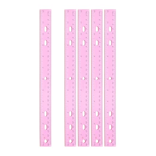 HARFINGTON 5pcs Plastic Rulers 12" (30cm) Clear Straight Ruler Measuring Tool Inches and Centimeters with Hole for Home Office Classrooms Drafting, Clear Pink