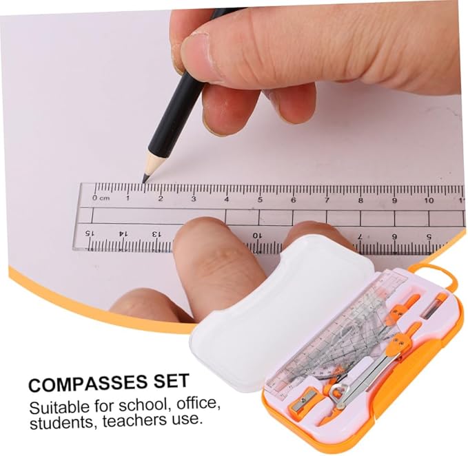 Uonlytech 1sets Student Geometry Math Set Metal Compass and Ruler Kit Eraser Sharpener and Storage Case for Drafting and Drawing for School and Office Use Random Color