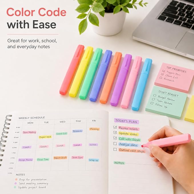 Pastel Bible Highlighters, 8 Pack Cute Chisel Tip Highlighter Set, Assorted Candy Colors for Bible Study, Journaling, Notes, School and Office