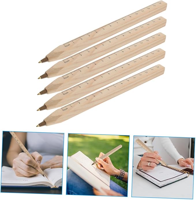 Healifty 20pcs Black Wood Ballpoint Pens with Ruler Printed, Natural Biodegradable Wooden Carpenter Pens for Drafting and Industrial Use