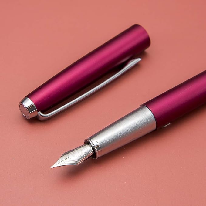 HongDian 525 Purple Red Metal Fountain Pen, Extra Fine Nib Classic Pen Includes Metal Pen Case and Refillable Converter