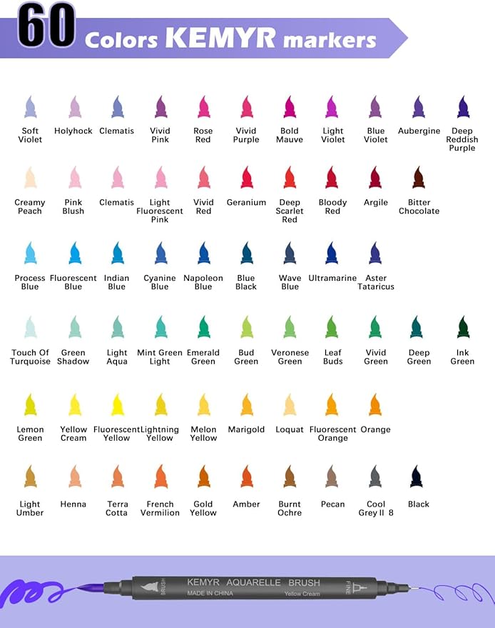 KEMYR Markers for Adult Coloring Books: 60 Color Dual Tip Fine & Brush Pens Water-Based Coloring Marker for Adults Drawing Sketching Bullet Journal Writing Lettering No bleeding