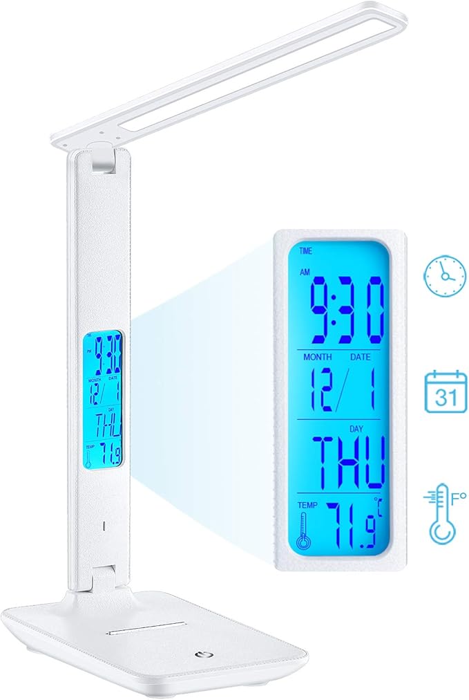 Desk Lamp LED Desk Light, Smart Features(Clock, Alarm, Date, Temperature)-Adjustable, Foldable Touch Table Lamp, 3 Levels of Dimmable Lighting - Suitable for Office, Bedroom, Study (TC25 White)