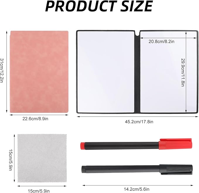 A4 Portable Whiteboard Notebook,12" x 9" Double Sided Dry Erase Board with Two Pens,Folding Reusable Writing Pad for Office Meetings,School,Planning,Travel,PU Cover(Pink)
