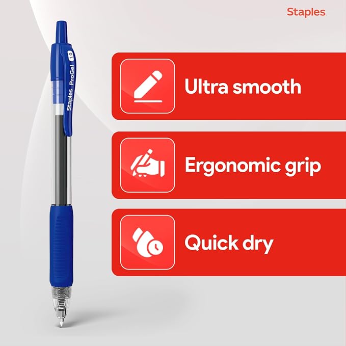 STAPLES ProGel Retractable Gel Pens, Bold 1.0mm, Blue Ink, 12-Pack | Smooth-flow ink for everyday writing in office and school settings.