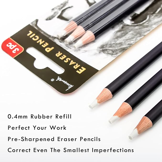 Brusarth 3pc Eraser Set - Fine Detail Eraser for Sketching, Charcoal Drawings & Colored Pencils