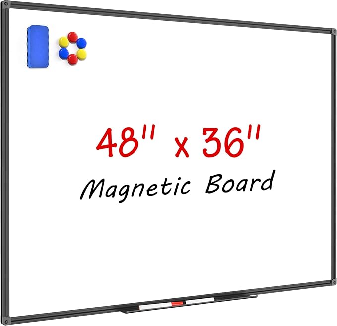 SunyesYoon Magnetic Dry Erase Whiteboard 48 x 36 Inch - 4 x 3 Large White Board, Black Aluminum Frame Wall-Mounted, Magnetic Eraser, 2 Pen, Detachable Marker Tray, 6 Magnets for Office, School