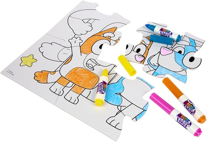 Crayola Color & Erase Bluey Puzzle Set, 12 Color in Puzzle Pieces, Reusable, Double Sided Kids Puzzle, Bluey Gift for Kids, 3+