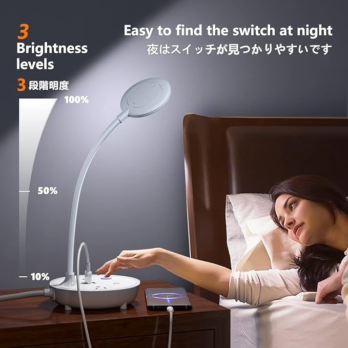 LED Desk Lamp with 2 USB Charging Ports and 2 AC Power Outlets - Adjustable Gooseneck Desk Light with 3 Level Brightness, Eye-Caring Small Table Lamp for Home Office, College Dorm Room Essentials