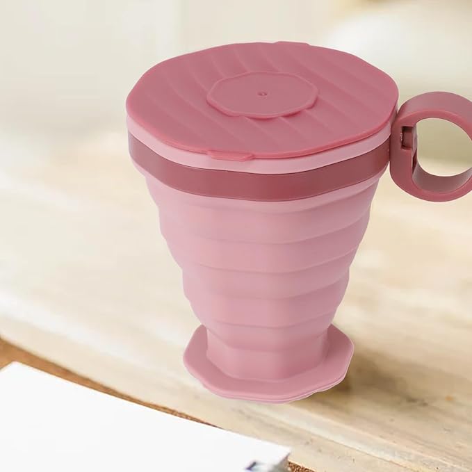 Foldable Silicone Water Cup with Lid, Portable Collapsible Coffee Mug for Travel Camping Hiking, Leak Proof Hot Cold Drinkware, Gray(Pink)