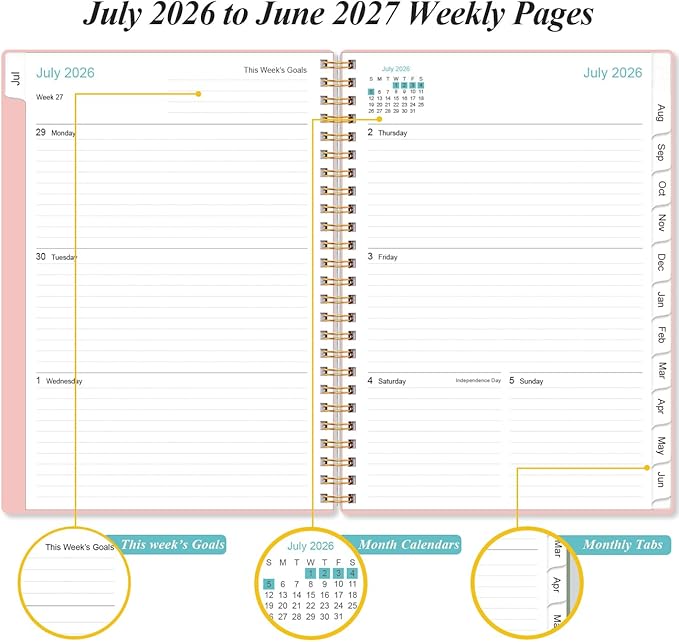 2026-2027 Planner - Planner 2026-2027 from July 2026 - June 2027, Weekly & Monthly Planner Spiral Bound with 12 Monthly Tabs, Inner Pocket, 6.4" x 8.5", Pink-E