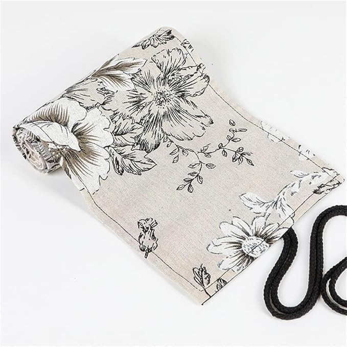 DIYOMR 12/24/36/72 Slots Pencil Wrap Pencil Rolls, Artist Colored Pencil Roll Up Bag Short Brush Pouch Case Pencils Organizer for Drawing Coloring and Sketching, No Pencils (Peony Flower, 12slots)