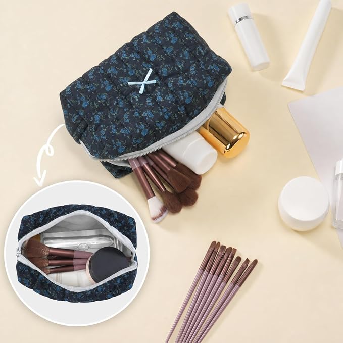 Makeup Bag Travel Toiletry Bag for Women, Small Cosmetic Bags Aesthetic Organizer Quilted Cotton Makeup Pouch&Purse Emergency Bag Floral Pencil Case Accessory Bag, Midnight Blue