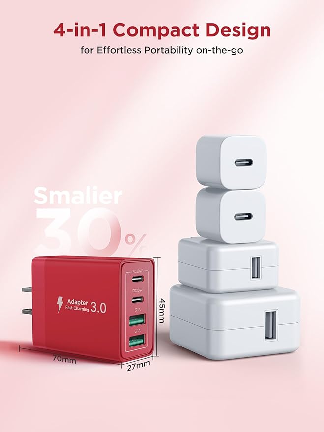 USB C Charger Block, 40W iPhone Charge Blocks Wall Charger 4-Port PD Power Adapter + QC Wall Plug Multiport Type C Charging Block Cube for iPhone 16 15 14 13 12 11 Pro Max XR XS 8 7