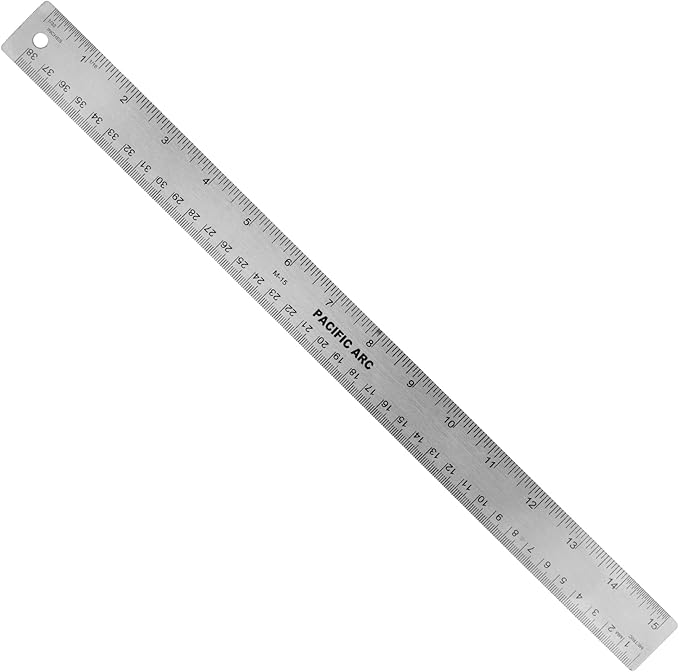 Pacific Arc Stainless Steel 15 Inch Metal Ruler Non-Slip Cork Back, with Inch and Metric Graduations