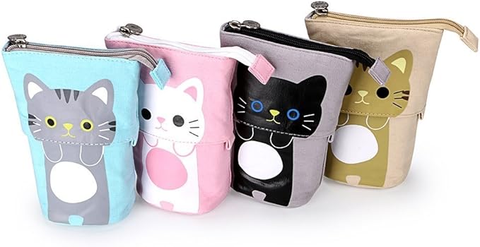 Telescopic Pencil Pouch Standing Pen Holder Cute Pencil Bags Stand Up Pen Case Cartoon Pencil/Pens Storage Box Canvas+PU Stationery Organizer Makeup Bag with Zipper Closure (Gray)