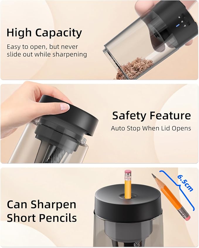 ZMOL Fully Automatic Pencil Sharpener for Classroom, Hands-Free,Battery Operated Rechargeable Electric Colored Pencil Sharpeners, Auto Stop,Suitable for No.2/Office/Home/School