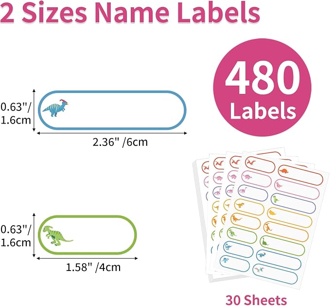480 Pcs Waterproof Labels for Kids Stuff Daycare Name Bottle Essentials | Cute Dinosaur Self-Adhesive Baby Water Bottle Stickers for School Supply, Self-Laminating Write-on, Reusable Washable