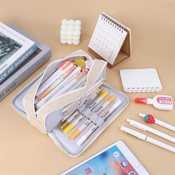 iSuperb 3 Compartments Pencil Case Pouch Big Capacity Pencil Organizer Canvas Holder Oxford Stationery Storage Kids Teen Girls Boys Student School Supplies Cosmetic Makeup Bag