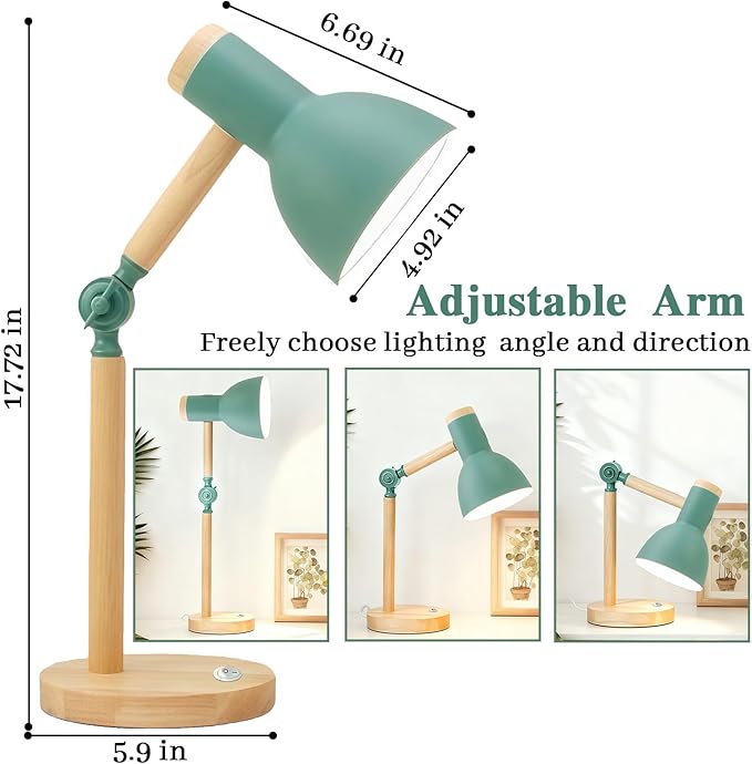 Desk Lamp, LED Desk Lamps for Home Office, Eye-Caring Desk Light, 3 Color Modes Reading Light, Wood Table Lamps with Flexible Arm, Study Lamp for Bedside College Dorm Room Essentials (Green Lamp)
