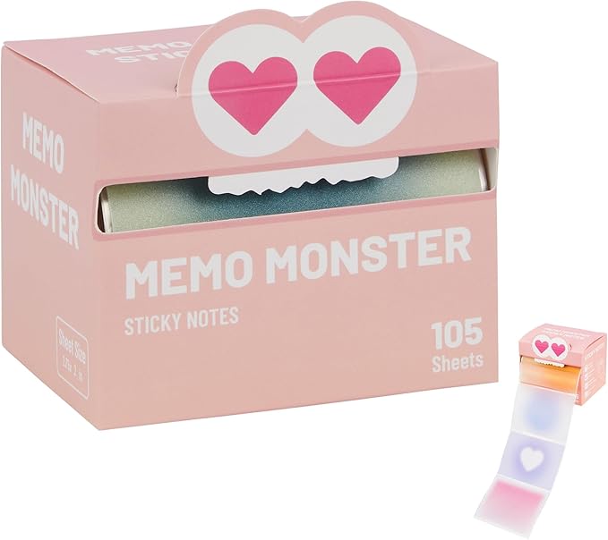 Monster Sticky Notes – Glittery Semi-Transparent Full-Adhesive Sticker Notes with Cute Monster Box, 105 Sheets for School Supplies, Office Products, Journaling, Scrapbooking & Labels (Pink)