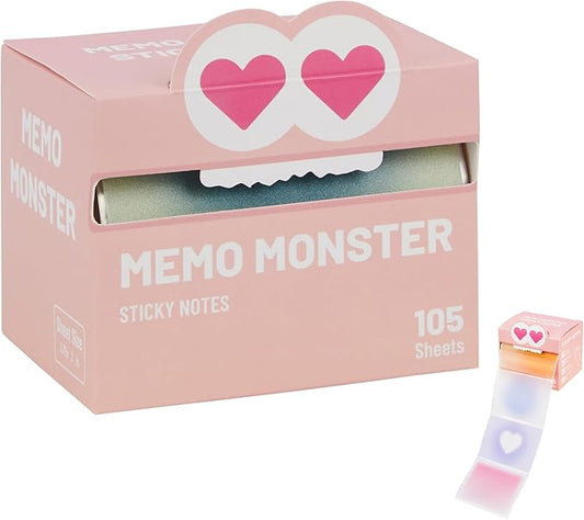 Monster Sticky Notes – Glittery Semi-Transparent Full-Adhesive Sticker Notes with Cute Monster Box, 105 Sheets for School Supplies, Office Products, Journaling, Scrapbooking & Labels (Pink)