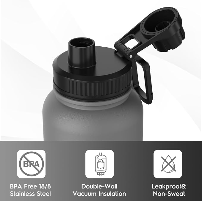 Navigate 32oz Insulated Water Bottle for Sports, Keep Cold 24H | 2-in-1 Spout and Handle Lids, Double Leak-Proof, 18/8 Stainless Steel, BPA-Free, Wide Mouth for Gym and Hiking,Grey