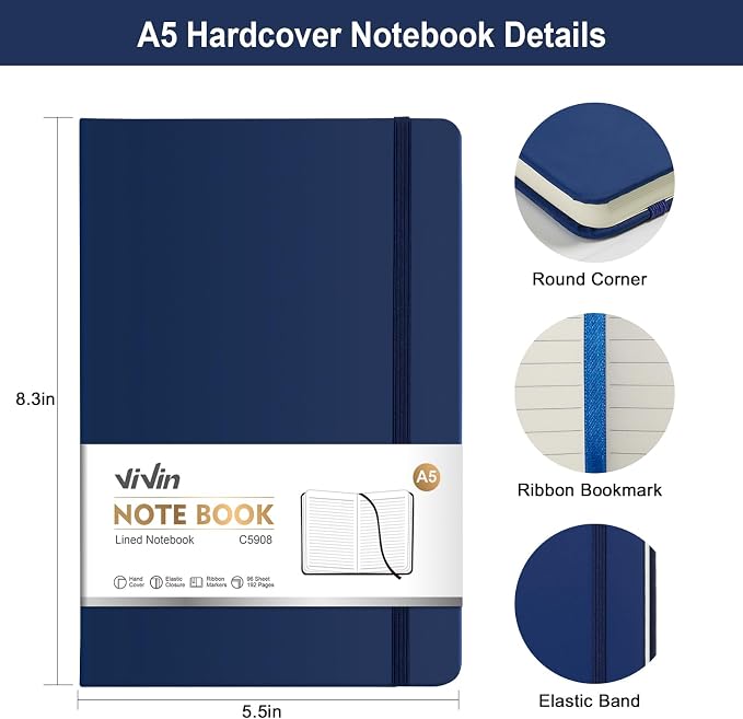 ViVin 12 Pack A5 Hardcover Lined Notebook,192 pg College Ruled 5.5x8.3