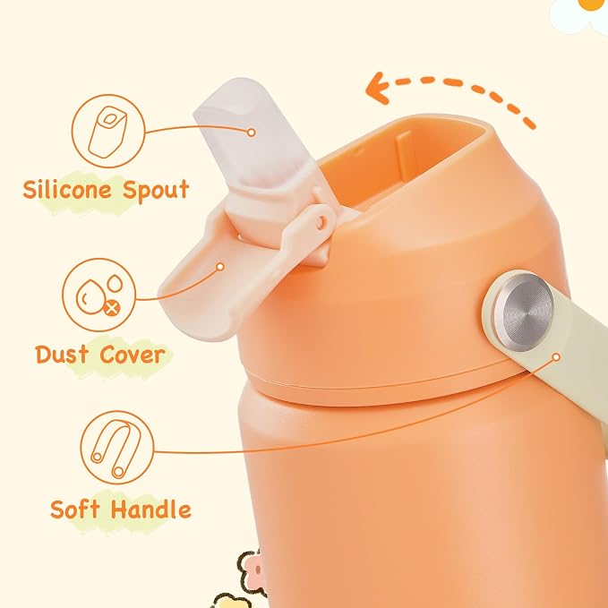 Kerilyn 12oz Water Bottle, Stainless Steel Insulated Water Bottle with Straws Leak-Proof, Water Cup Double Wall Vacuum, BPA Free, Vibrant Orange