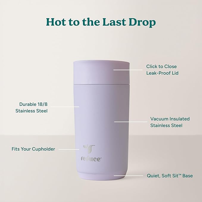 REDUCE Perk 10oz Insulated Coffee Tumbler – Leak-Proof with Lockable Lid and Vacuum Insulation–Durable Stainless Steel–Fits Car Cup Holders–One-Handed Travel Mug in Sand Leopard Print-Gentle Lavender