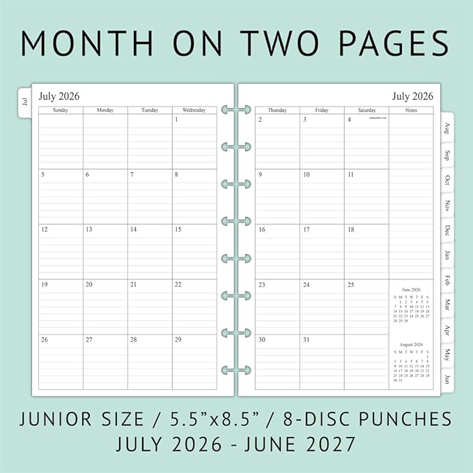 2026-2027 Weekly & Monthly Planner Refills for 8-Discbound Planners, July 2026 to June 2027, Junior Size, 5-1/2"x8-1/2"
